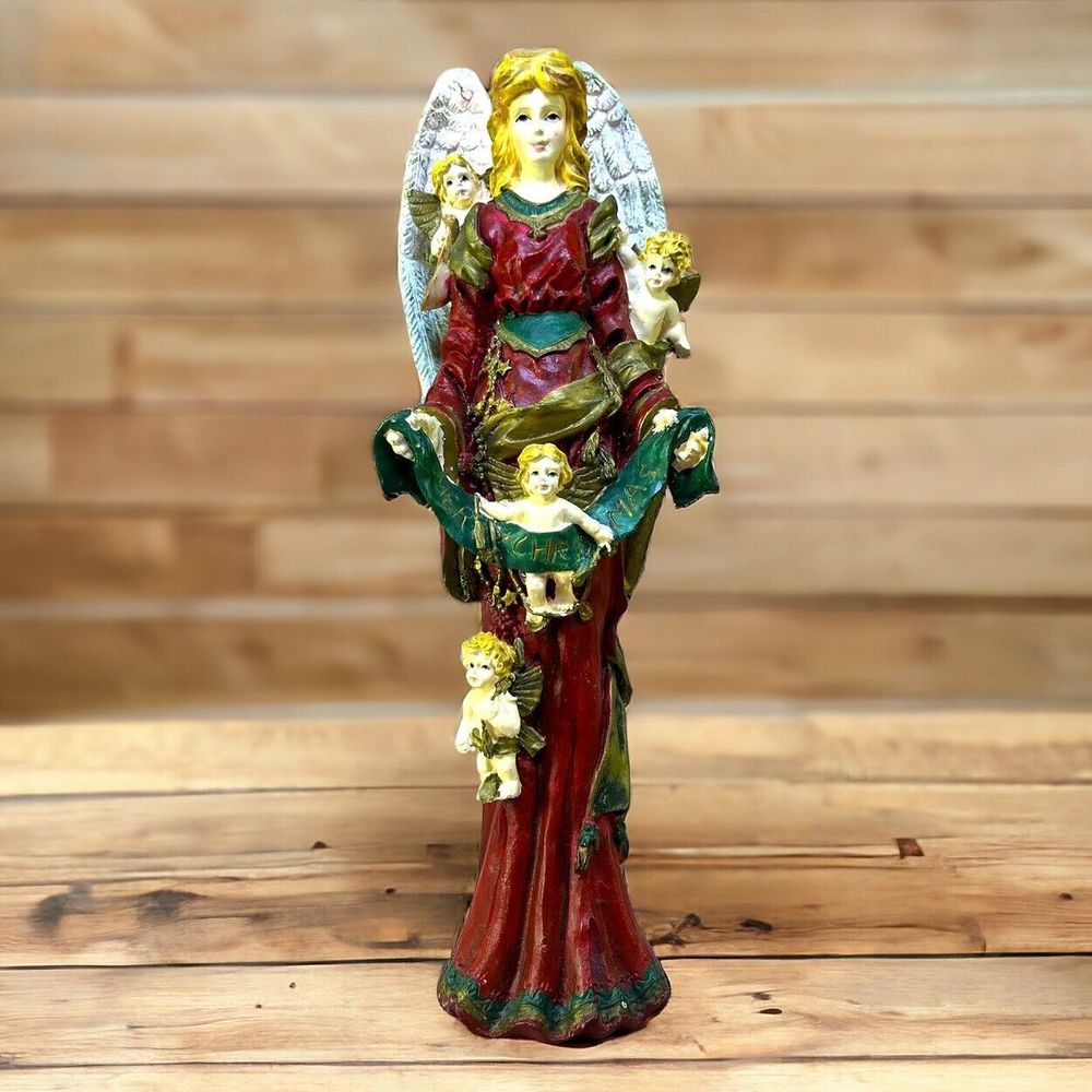 Vintage Merry Christmas Angel w/Cherubs 11” Tall Resin Nativity Figurine Painted